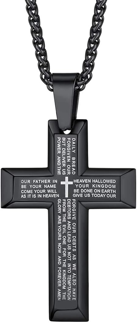 Suplight Lord's Prayer Cross Necklace Classic Pendant Christian Bible Verse Necklace Stainless Steel Black Cross Our Father Prayer Necklace for Men Boys