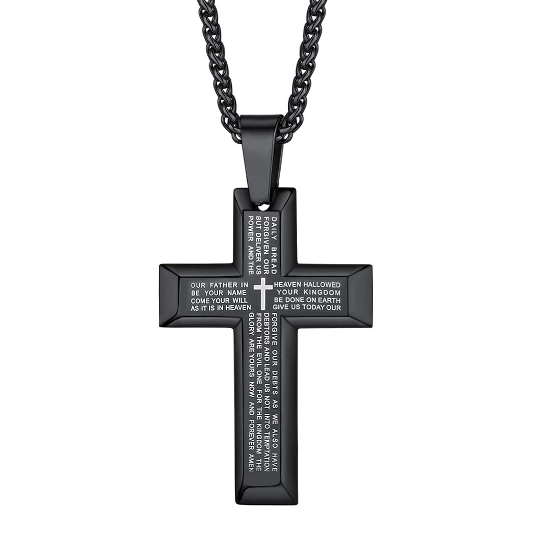 Suplight Lord's Prayer Cross Necklace Classic Pendant Christian Bible Verse Necklace Stainless Steel Black Cross Our Father Prayer Necklace for Men Boys
