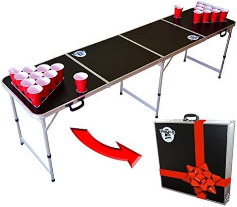 A beer pong table with cup holders and feet, suitable for parties and events.