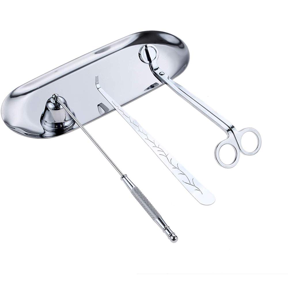 Candle Accessory Set, 4pcs Candle Care Tools Includes Candle Wick Trimmer, Candle Wick Dipper, Candle Wick Snuffer and Storage Tray Plate for Candle Lovers (Silver)
