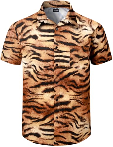 Fashonal Mens Tiger Print Shirt, Tiger Stripe Shirt Animal Casual Button Down Cotton Shirts Summer Tops, Tiger Size XL at Amazon