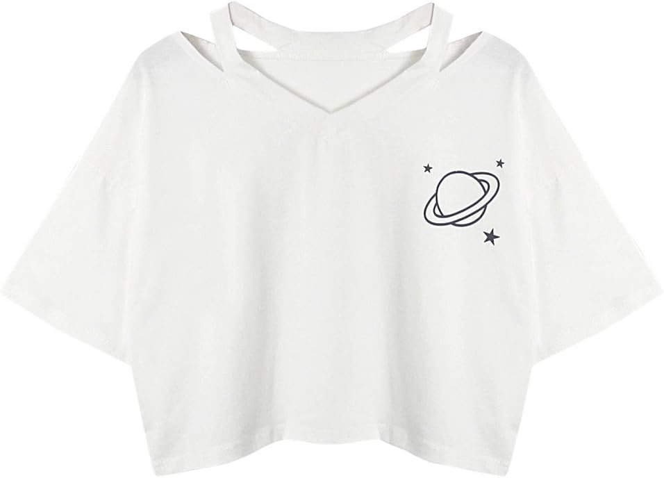 Dylanlla Women's Planet Printed Cold Shoulder Short Sleeve Crop Tops