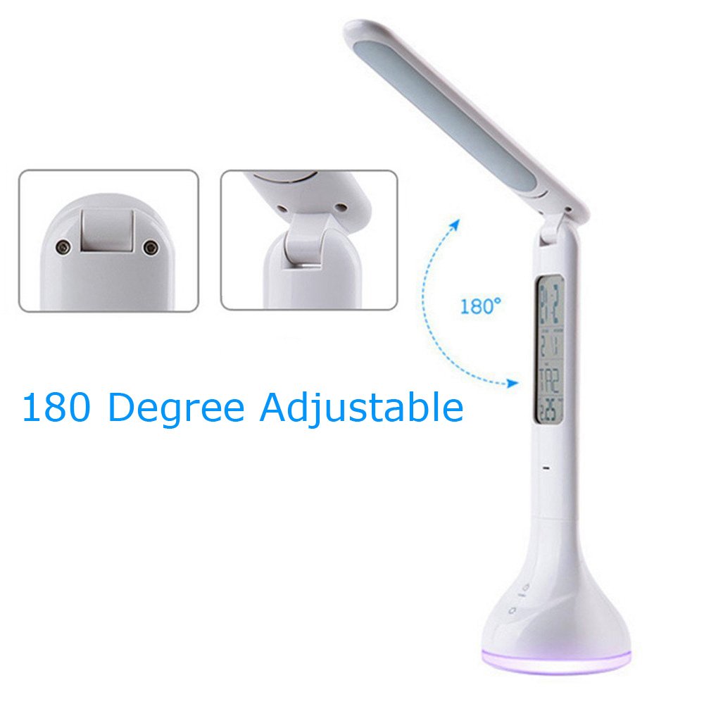 Desk Lamp Foldable 3 Levels Dimmable, , Rechargeable Folding Book Light Lamp Touch Control Dimmable Bedside & Table Lamp with Calendar/ Alarm Clock/ Temperature, USB Charge Eye-care for Reading, Relax and Sleep (White)