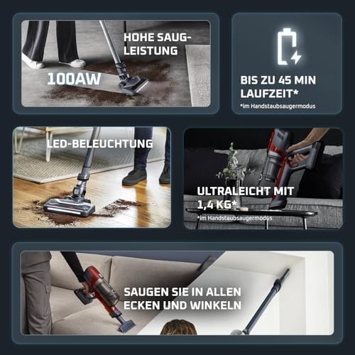 X-Pert 6.60 Animal Akkustaubsauger, 100W Leistung, 45 Min Laufzeit, kabellos & beutellos, LED-Düse, herausnehmbarer Akku, inkl. Fugendüse, Wandhalterung und Tierhaarbürste, rot/schwarz, RH6878