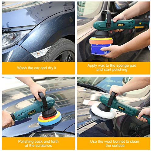 URCERI Random Orbital Polisher 9A 1100W 6000 RPM Dual Action Car Buffer Sander Waxer with Adjustable D-Handle, Powerful Motor with Variable Speeds Includes 6 Foam Pads and 2 Wool Bonnets