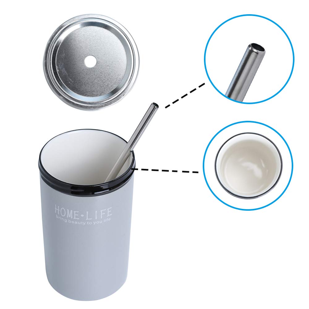 Ceramic Coffee Tea Tumbler Travel Cup Mug Water Bottle with Staw Lid Insulate 14 oz Home Office(Grey)