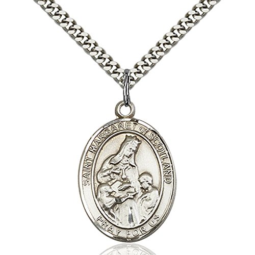 Sterling Silver St. Margaret of Scotland Pendant 1 x 3/4 inches with Heavy Curb Chain