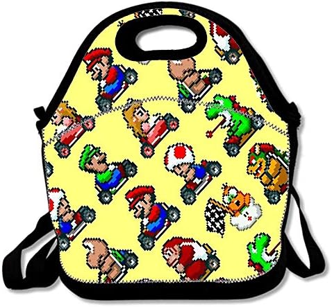 Super Mario Kart 18 Characters Pattern Yellow Sky Insulated Neoprene Lunch Bag Removable Shoulder Strap Reusable Thermal Lunch Tote Bag For Adults,Teens,Kids-Lunch Box For Outdoor,Office,School