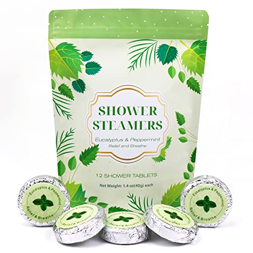 POLEVIEW SHOWER STEAMERS AROMATHERAPY (PACK OF 12) GIFT SET FOR WOMAN AND MAN, STRONGLY SCENTED EUCALYPTUS & PEPPERMINT ESSENTIAL OIL SHOWER BOMBS FOR SINUS RELIEF, BREATHE EASY AND DEEP RELAXATION