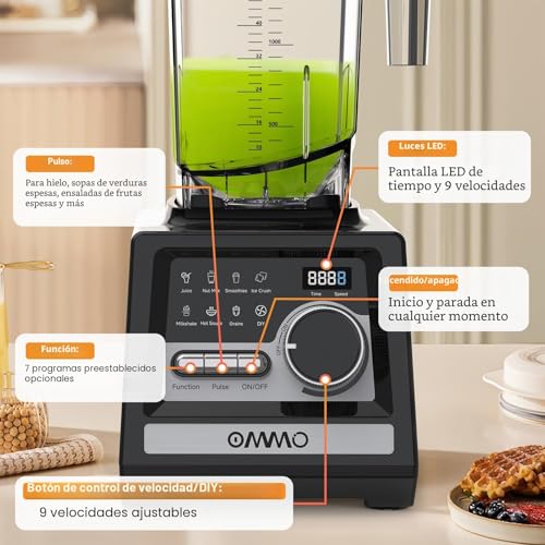 OMMO 2L Professional Blender, 1800W Smoothies Blender with 9 Speed Controls for Broken Ice, Smoothies, Drinks and Frozen Fruits, BPA Free