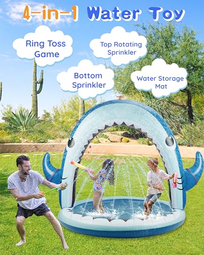 Gleamkid Splash Pad,4-In-1 Inflatable Shark Water Toys for Boys Girls,Summer Outdoor Game with 4 Rings Toss Toy, Garden Toys Sprinkler for Kids,Backyard Water Sprinkler Spray Outdoor Toys