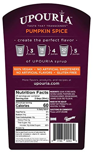 Upouria Pumpkin Spice Coffee Flavoring Syrup, 750ml bottle - Coffee Syrup Pump Included