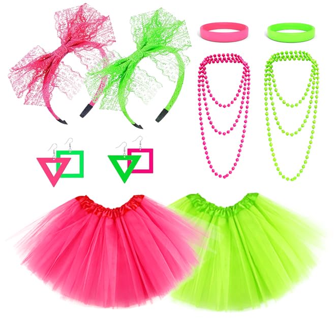 Photo 1 of 10Pcs 80s Neon Workout Costume Accessories Set Neon Tutu Skirts 90s Headband 1980s Earrings for Women Necklace Silicone Bracelet Neon Outfit 80s Party