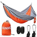 Double Camping Hammock. Ripstop Nylon & Durable Stitching 500lbs Weight Capacity Safe Belt Straps - Lightweight, Portable & Folding - For Patio, Beach, Garden Use & Outdoor Recreation (Orange/Gray)