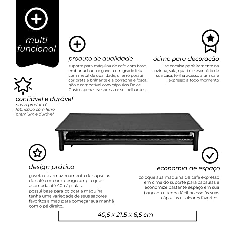 Mimo Style Porta Cápsulas na Cor Preta com Suporte para Cafeteira e Gaveta para Armazenar 40 Cápsulas Nespresso, Base Emborrachada e Não Desliza, Fácil Acesso aos Seus Sabores de Café Favoritos