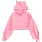 WDIRARA Girl's Cute Cat Ear Crop Tops Long Sleeve Causal Plain Hoodie Sweatshirt Shirt