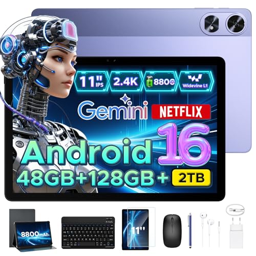 POPUX P11 Pro Android Tablet, 2.4K 90Hz Tablets 11 Inch, 48GB RAM+128GB ROM, 8800mAh, Android 16 Tablets with Gemini AI, T7250 Octa-Core, 13MP+5MP, 5G WiFi, Tablet with Lapis&Keyboard, Purple