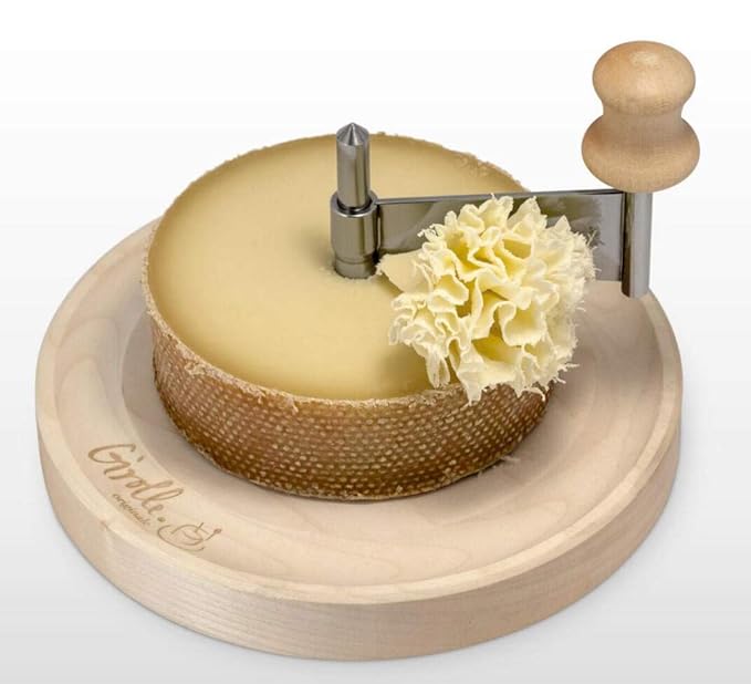 mini ORIGINAL LA GIROLLE AHORN-HOLZ kompakter KÄSEHOBEL FÜR TETE DE MOINE 1/2 Laib + CHOCOFLEUR SCHOKOLADE - SWISS MADE