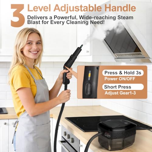 Vaporeta limpieza hogar, limpiador de vapor portátil 1500W, vaporeta de mano calentamiento rápido en 15s, depósito de agua de 1,8 L, con 12 accesorios para coches, negro (Mantenga 3s para comenzar)