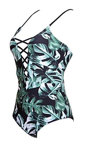 One Pieces Floral Pin Up Sexy Women Front Strappy Cross Swimwear Green FloralS