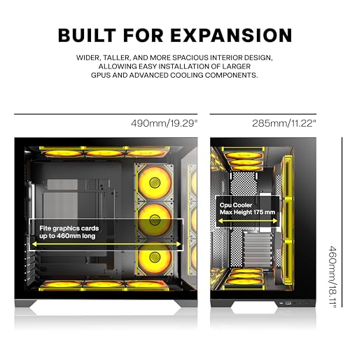 ANSAITE ATX PC-Gehäuse 9×120 mm ARGB PWM-Lüfter vorinstalliert ，Mid-Tower Gaming PC-Gehäuse, Panorama-Gehärtetes Glas Schwarz Computer-Gehäuse mit Typ-C, 360mm Radiator Unterstützung，H-D9 (Schwarz) 9