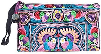 ETHNIC LANNA Multi Color Birds Fair Trade Cosmetic Bag with Embroidered Hmong Birds Tribal Boho Design