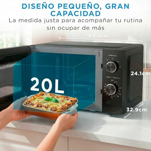 Microondas 20 litros y 700 W de potencia | Microwave | Horno Microondas Negro de Sobremesa con Plato Giratorio, Función Descongelación, 5 Niveles de Potencia, Temporizador | Microondas sin grill