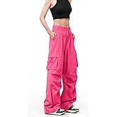 FLEFRM Womens Parachute Cargo Pants with 6 Pockets High Waisted Quick Dry Water-Resistant Baggy Y2K Casual Drawstring Pants