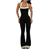 Milumia Women's Colorblock Halter Jumpsuit Sleeveless Skinny Bell Bottom Pants Romper