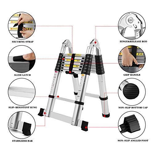 Idealchoiceproduct 16.5FT Extension Folding Telescopic Aluminium A Frame Shape Ladder Steps ...