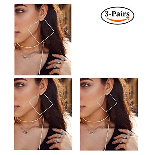 YAHPERN Square Hoop Earrings 3 Pairs Geometric Hoop Earrings Dangle Earring Set for Women Girls (Gold)