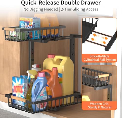 Under Sink Organizer, Height Adjustable kitchen organizers and Storage, Space Saver 2 Tier Pull Out Drawer Cabinet Shelf Storage Rack for Kitchen Bathroom organizer, 1 Pack