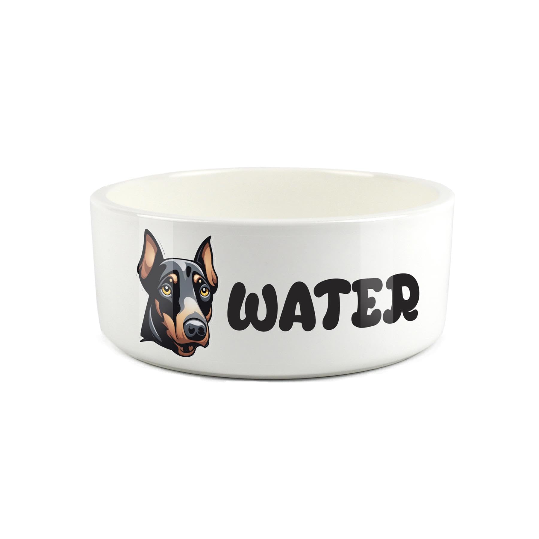 Dobermann Pet Bowl - Cartoon Dog Portrait Large Ceramic Water Bowl - Novelty White Water Dish For Dogs
