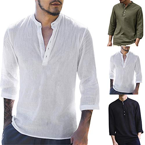 SFE Men's T-Shirt, Men's Tops, V Neck Button Cotton Linen 3/4 Sleeve Retro Baggy T Shirts Blouse White