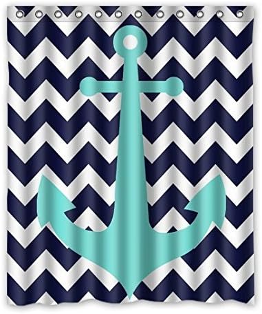 FMSHPON Navy Blue Chevron with Nautical Anchor Waterproof Polyester Fabric Shower Curtain 60 x 72 Inches
