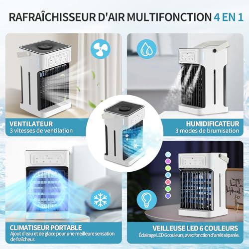 Mobile Air Conditioner with Remote Control, 1100 ml Dual Motor and Fan Air Cooler, Mini Portable Air Conditioning Night Light 7 Colours 2-8H 3 Speed Timer, USB Air Conditioning for Bedroom Kitchen