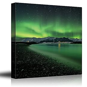 Green Northern Lights Above Snowed in Mountains and Being Reflected on a Lake - Canvas Art Home Art - 12x12 inches
