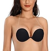 JOATEAY Women's Strapless Backless Bra Plunge Push Up Underwire Adhesive Halter Bra with Clear Strap