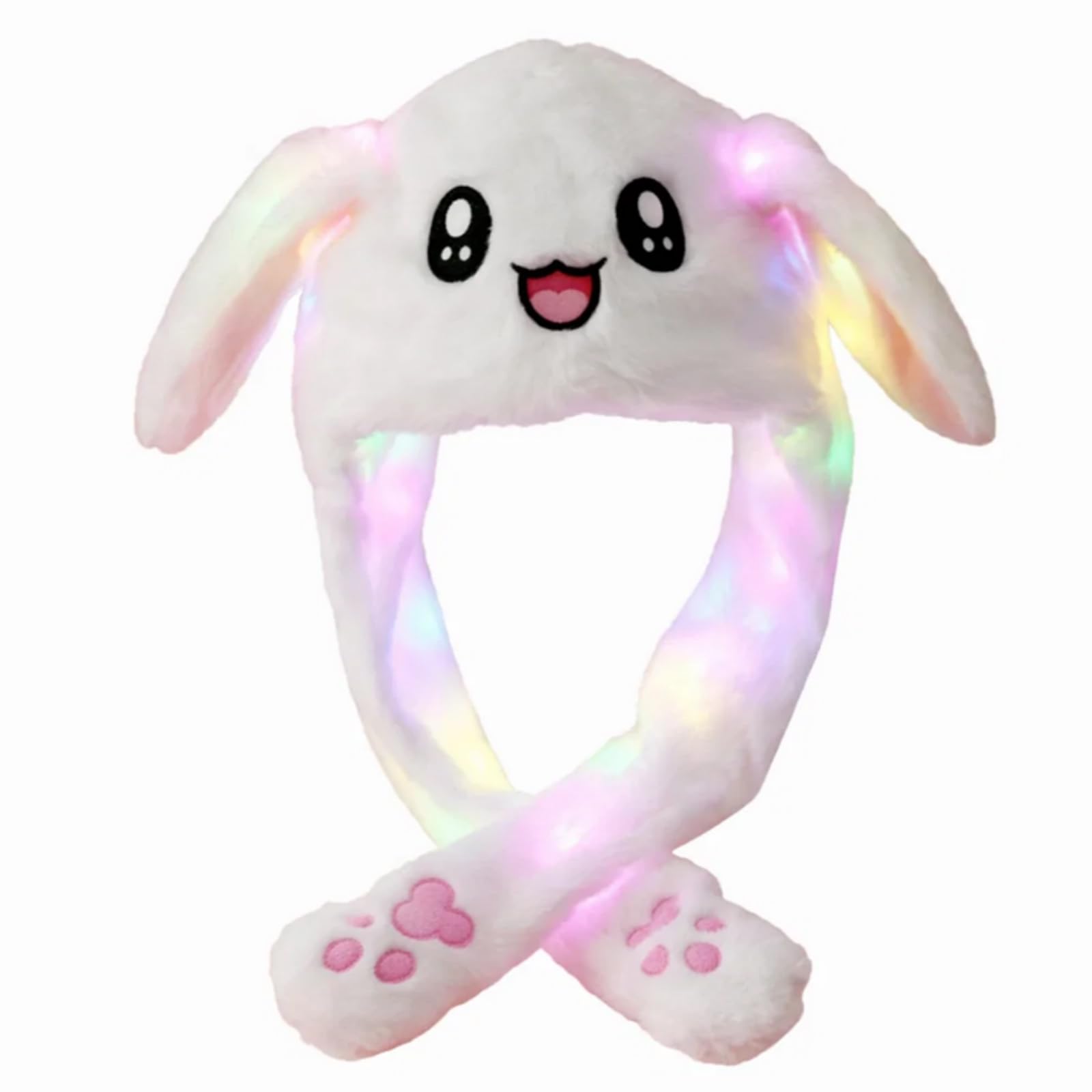 Grion Rainbow White Plush Rabbit Hat - Cute Cartoon Animal Ears Bunny Paw Hand Headband - for Women Girls Costume Halloween Christmas Photo Prop Party Fun Headwear (Rainbow White)