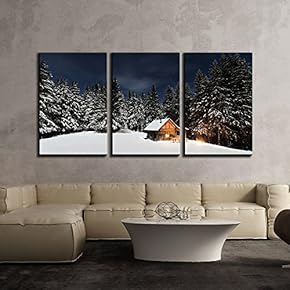 Snow Covered Pine Tree Forest and Wood Hut...