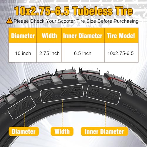 10x2.75-6.5 Vacuum Tire with Valve, 10 Inch Tubeless Rubber Anti Slip Off-Road Tire for Electric Scooter, Suitable for Snowy Sandy Gravel Roads