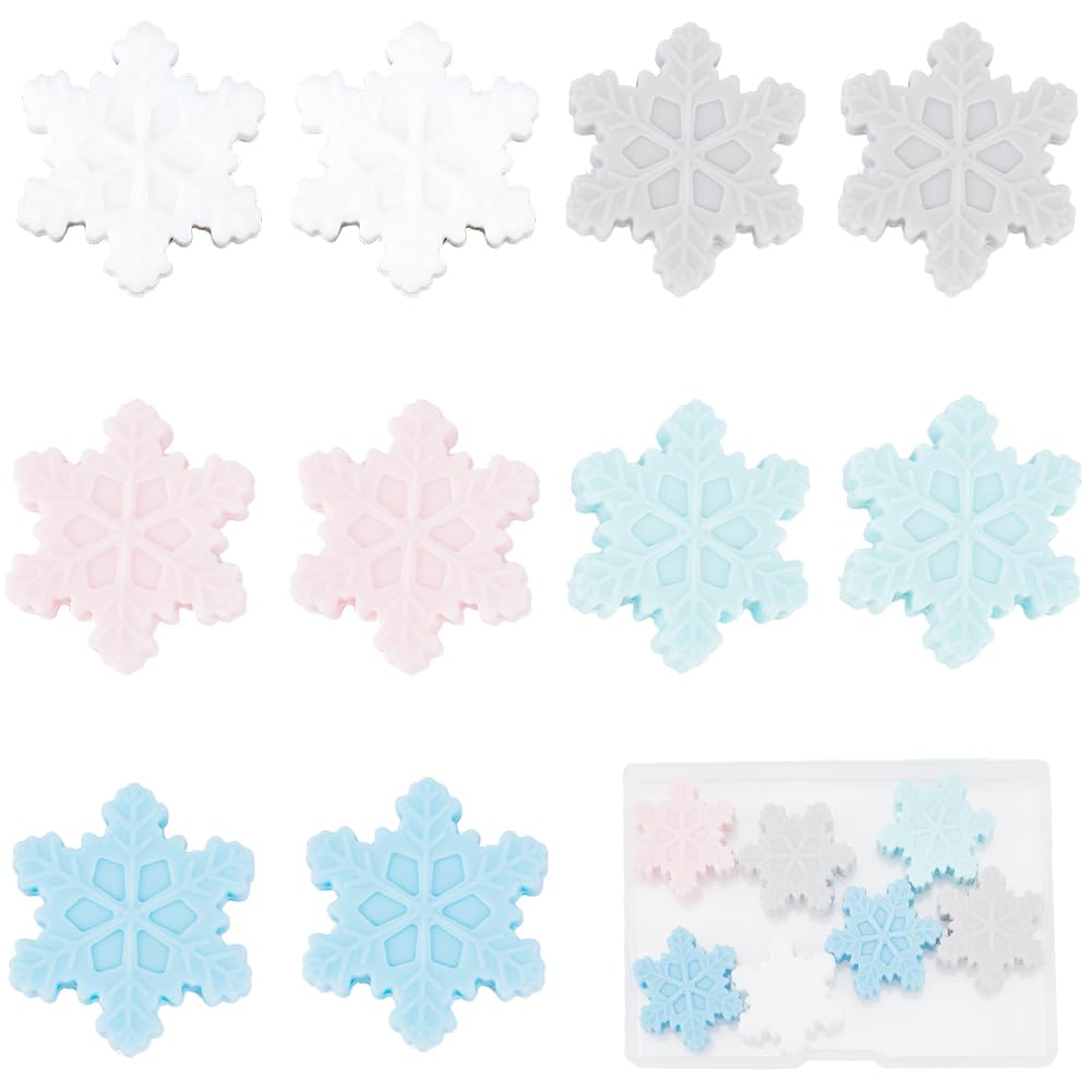 SUNNYCLUE 1 Box 10Pcs 5 Colors Christmas Snowflake Bead Silicone Winter Focal Beads Bulk Soft Rubber Holiday White Pink Blue Snowflakes Xmas Pen Bead for jewellery Making DIY Keychain Necklace Bracele