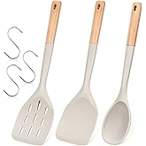 Pack of 3 Silicone Spatula, Non Stick Cooking Utensil Set Wooden Handle Kitchen Turner for Baking Mixing Grilling Serving Food Heat Resistant Non Scratch Hooks Included,Khaki
