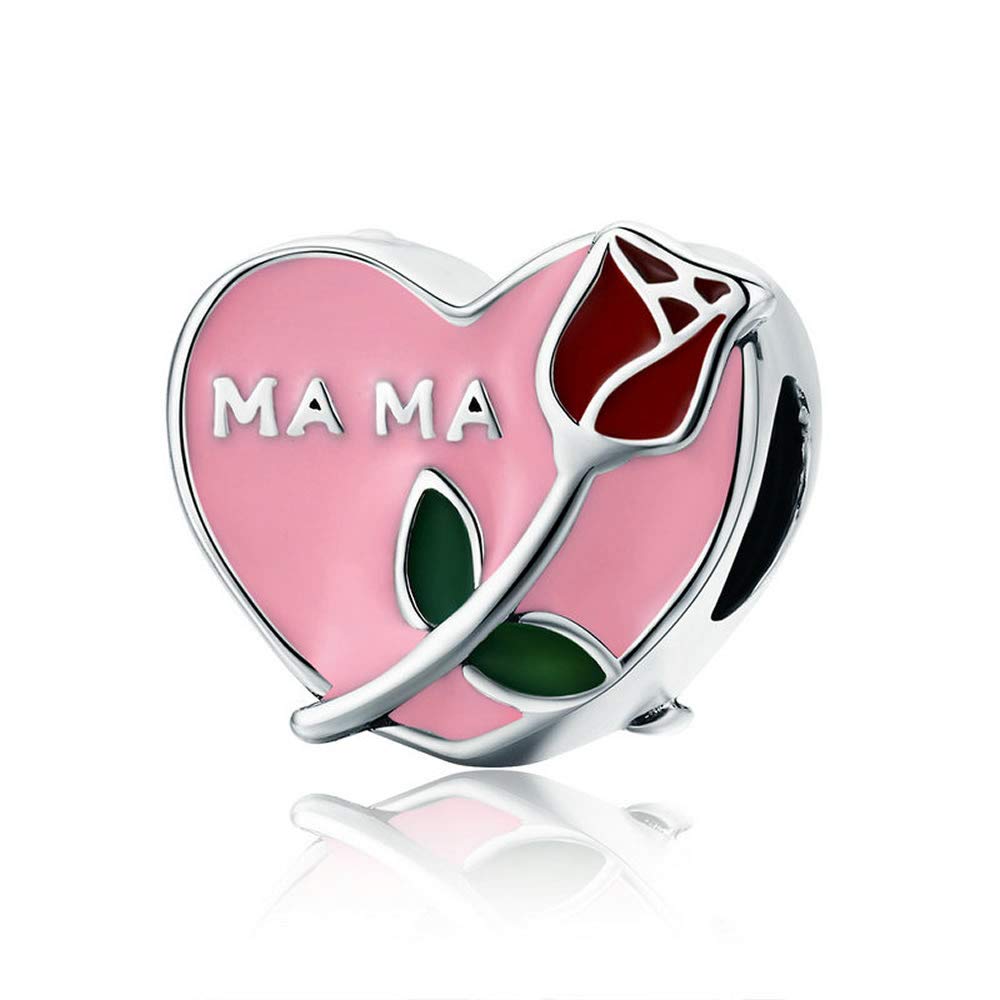 Bijoux Blu Mama pink heart Authentic 925 Sterling Silver Mama Mother in Heart Rose Flower Beads fit Charm Bracelet Necklace Jewellery Gift Mom