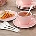 Sumerflos Porcelain Embossed Tea Coffee Cup and Saucer Set, Bone China Tea Set with Saucer and Spoon, Set of 6 (6oz) (Pink)