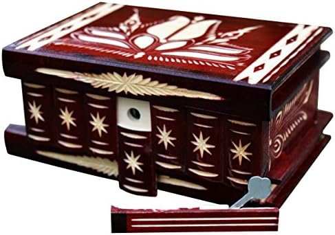 TransylvanyArtTransylvanyArt Keepsake Mystery wooden box with key lock Secret compartments Puzzle Jewellery boxes for women Unique gifts, DARK RED
