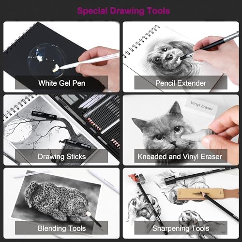 Conjunto de 46 lápis de desenho para esboços, lápis de desenho, materiais de arte com lápis de carvão colorido, grafite, carvão, ferramentas de mistura, acessórios, kit de desenho para
