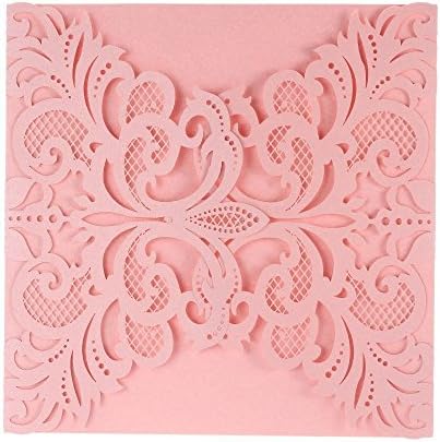 FEIYI 25 Pieces Laser Cut Lace Flower Pattern Invitations Cards For Birthday Baby Shower Wedding Rehearsal Dinner Invites Birthday Invitation With Self Adhesive Bowknot Ribbons (Pink)
