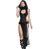 Aucute Rave Outfits for Women, Goth Sleeveless Hooded Sheer Dress, Double Split Hollow Out Y2K EDC Festival Dresses