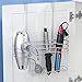 mDesign Hair Dryer Holder - Over Door Rack for Heated Tool and Hair Dryer Storage - Hanging Basket and Stand - Silver